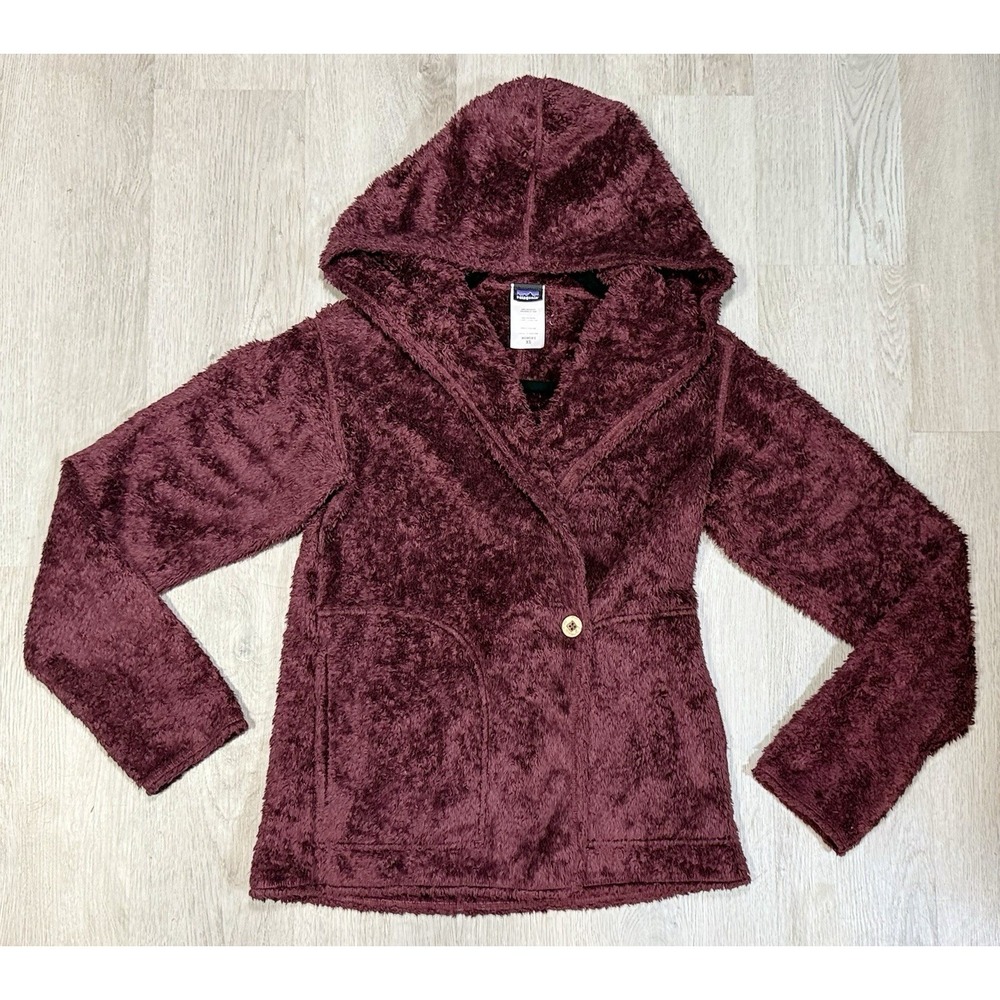 Patagonia Plush Pile Jacket Women's Size XS Burgundy Hood Teddy Wrap Button Tie